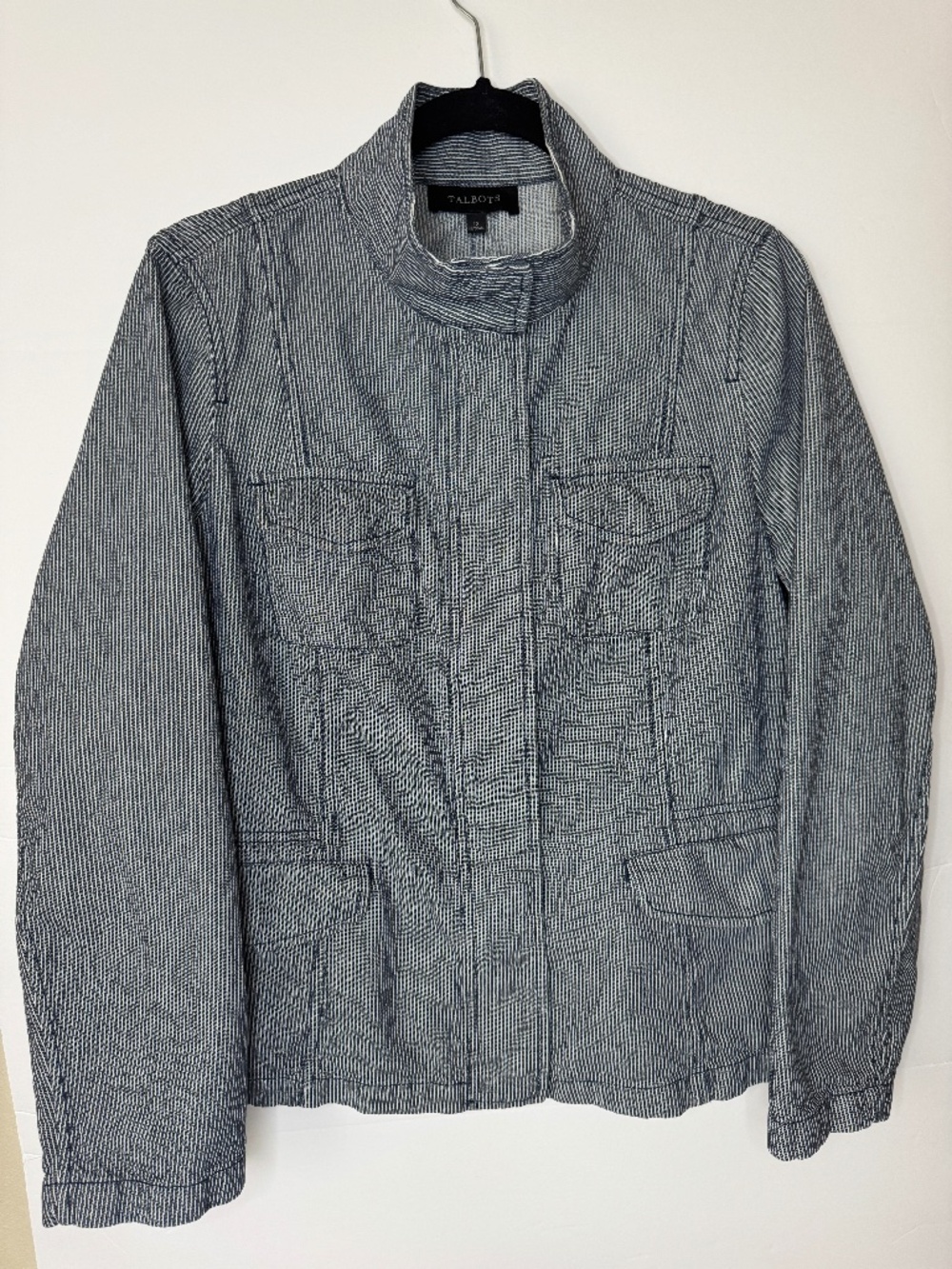 Talbots Blue White Railroad Striped Cotton Utility Jacket Size 12 Casual